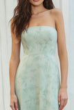 Dusty Sage Floral Strapless A Line Long Bridesmaid Dress