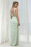Sage Floral Bateau Neck Sheath Long Bridesmaid Dress with Slit