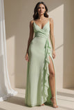 Light Green Spaghetti Straps Ruffled Sheath Long Bridesmaid Dress with Slit