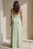 Light Green Spaghetti Straps Ruffled Sheath Long Bridesmaid Dress with Slit