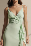 Light Green Spaghetti Straps Ruffled Sheath Long Bridesmaid Dress with Slit