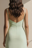 Light Green Spaghetti Straps Ruffled Sheath Long Bridesmaid Dress with Slit