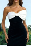Strapless Black And White Ruched Sheath Formal Dress