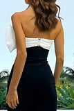 Strapless Black And White Ruched Sheath Formal Dress