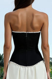 Strapless Black and White A Line Formal Dress with Pearls