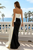 Strapless Black and White Ruched Mermaid Formal Dress