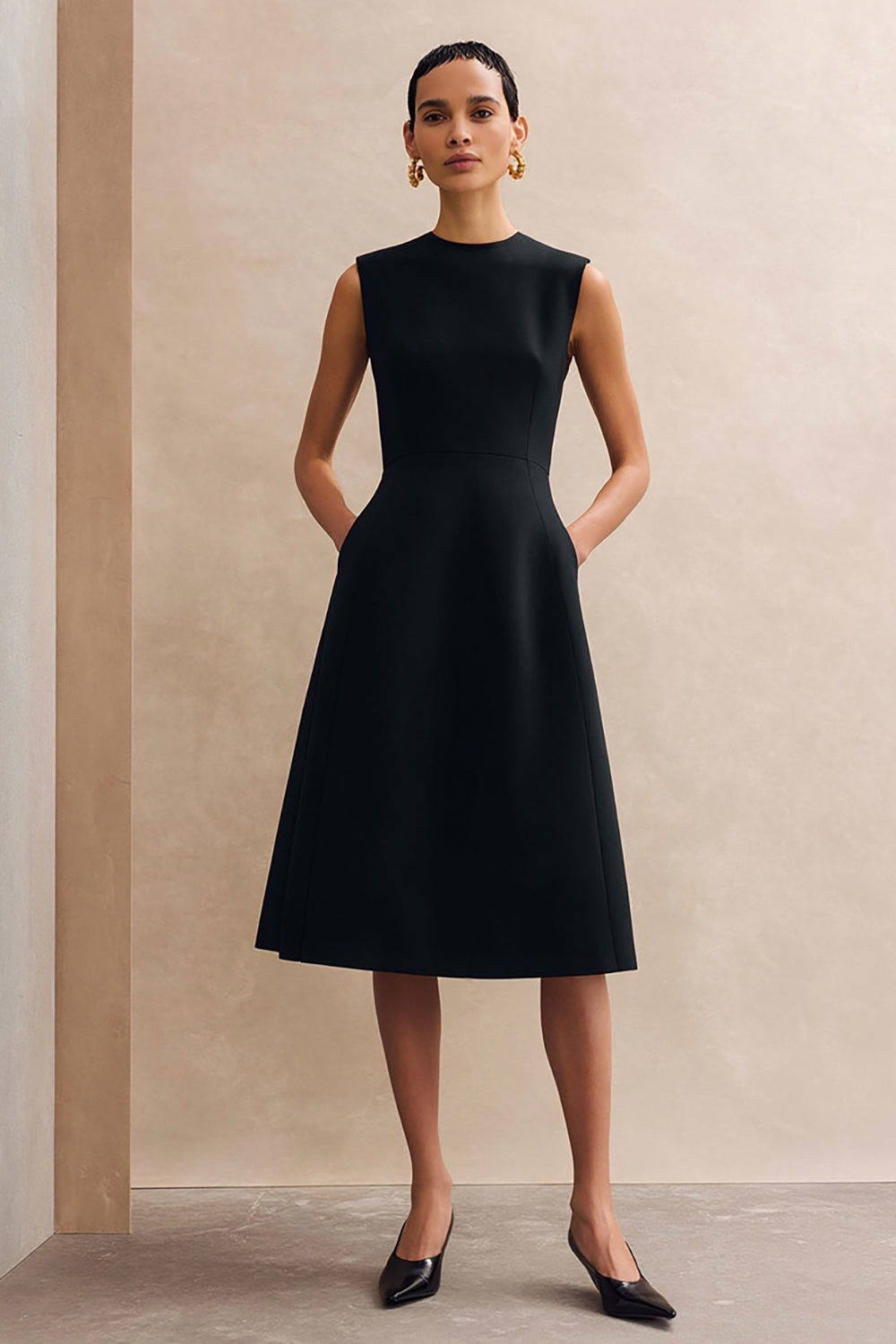 Zapaka Women Black Midi Work Dress A Line Round Neck Semi Formal Dress with Pockets, Black / US26W Zapaka Women Black Midi Work Dress A Line Round Neck Semi Formal Dress with Pockets, Black / US26W