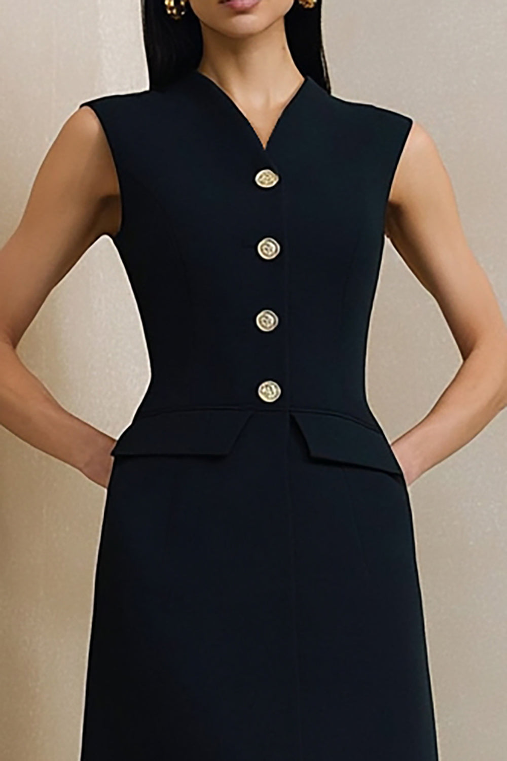 ZAPAKA Women Black Midi Work Dress Sheath V-Neck Single Breasted