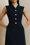 Sheath Black V-Neck Midi Work Dress