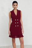 Burgundy Bodycon Double Breasted Work Dress with Fringes