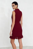 Burgundy Bodycon Double Breasted Work Dress with Fringes