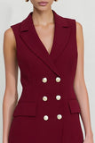 Burgundy Bodycon Double Breasted Work Dress with Fringes