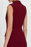 Burgundy Bodycon Double Breasted Work Dress with Fringes