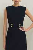 Simple Black Sheath Round Neck Midi Work Dress