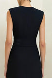 Simple Black Sheath Round Neck Midi Work Dress