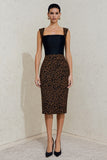 Sheath Square Neck Black and Brown Leopard Midi Work Dress