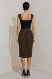 Sheath Square Neck Black and Brown Leopard Midi Work Dress