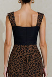 Sheath Square Neck Black and Brown Leopard Midi Work Dress