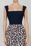 Black and Brown Leopard Square Neck Bodycon Midi Work Dress