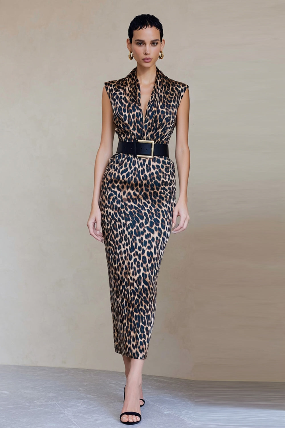 ZAPAKA Women Brown Leopard Midi Work Dress with Belt Bodycon V-Neck Printed Satin Business Dress, Brown Leopard / US26W ZAPAKA Women Brown Leopard Midi Work Dress with Belt Bodycon V-Neck Printed Satin Business Dress, Brown Leopard / US26W