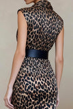 Brown Leopard Bodycon Printed Satin Midi Work Dress with Belt
