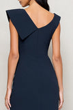 Navy Sheath Ruched Satin Midi Work Dress with Slit