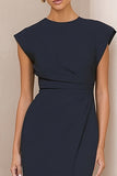 Navy Round Neck Satin Bodycon Midi Work Dress with Slit