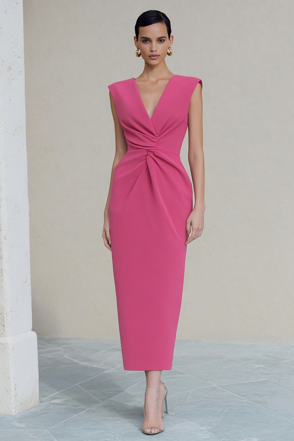 ZAPAKA Women Hot Pink Work Dress Sheath Ruched V-Neck Satin Midi Business Dress with Slit, Hot Pink / US16 ZAPAKA Women Hot Pink Work Dress Sheath Ruched V-Neck Satin Midi Business Dress with Slit, Hot Pink / US16