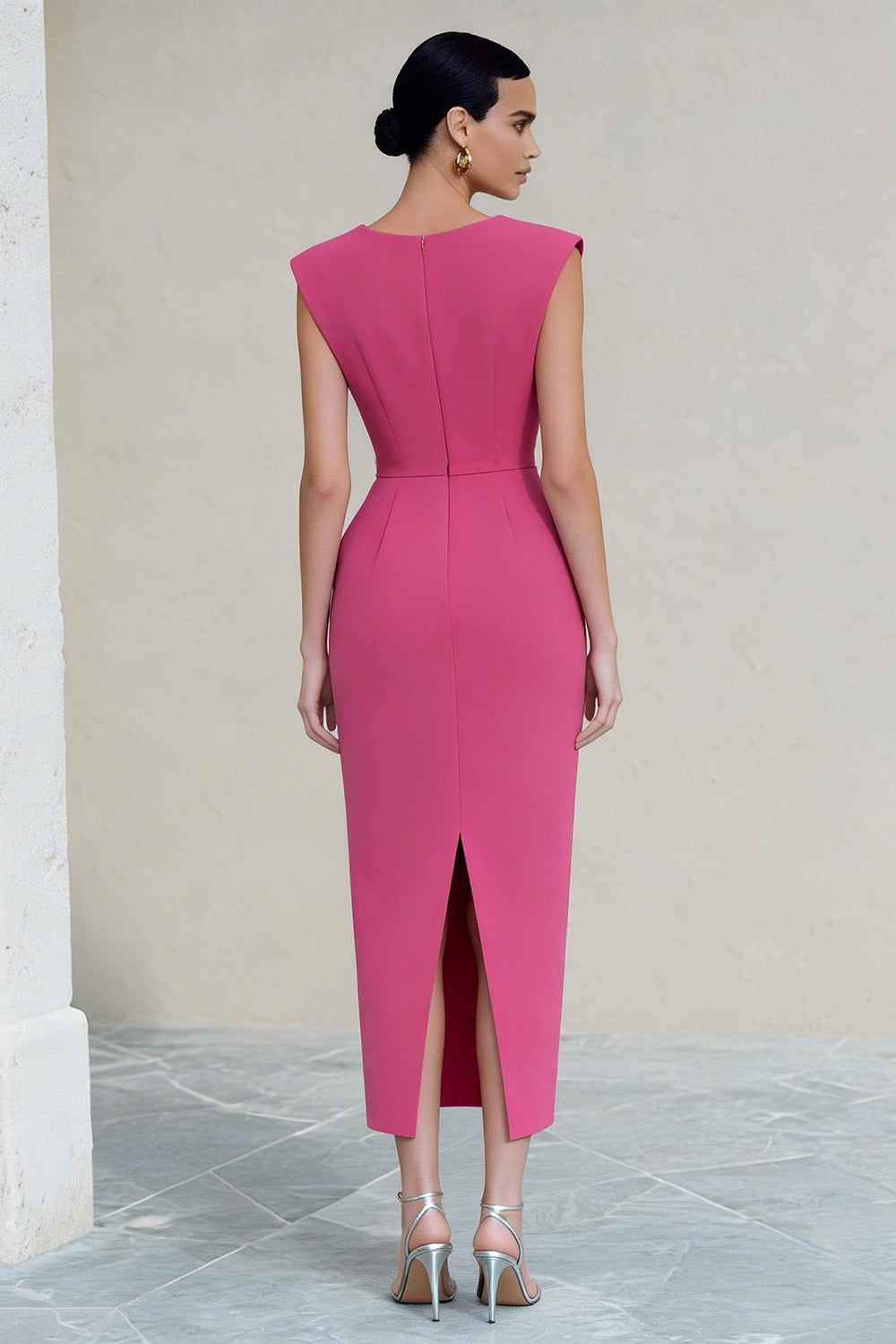 Sheath Ruched V-Neck Hot Pink Midi Work Dress with Slit Sheath Ruched V-Neck Hot Pink Midi Work Dress with Slit