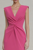 Sheath Ruched V-Neck Hot Pink Midi Work Dress with Slit