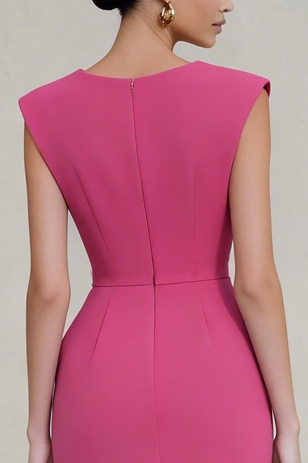 Sheath Ruched V-Neck Hot Pink Midi Work Dress with Slit Sheath Ruched V-Neck Hot Pink Midi Work Dress with Slit