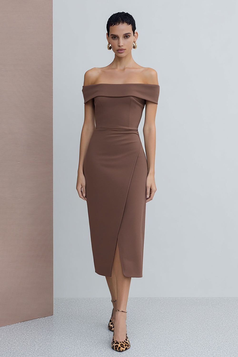 satin midi slit dress ZAPAKA Women Brown Sheath Work Dress Off The Shoulder Satin Midi Business Dress with Slit, Brown / US20W satin midi slit dress ZAPAKA Women Brown Sheath Work Dress Off The Shoulder Satin Midi Business Dress with Slit, Brown / US20W