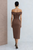 Off The Shoulder Brown Satin Sheath Midi Work Dress with Slit
