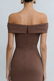 Off The Shoulder Brown Satin Sheath Midi Work Dress with Slit