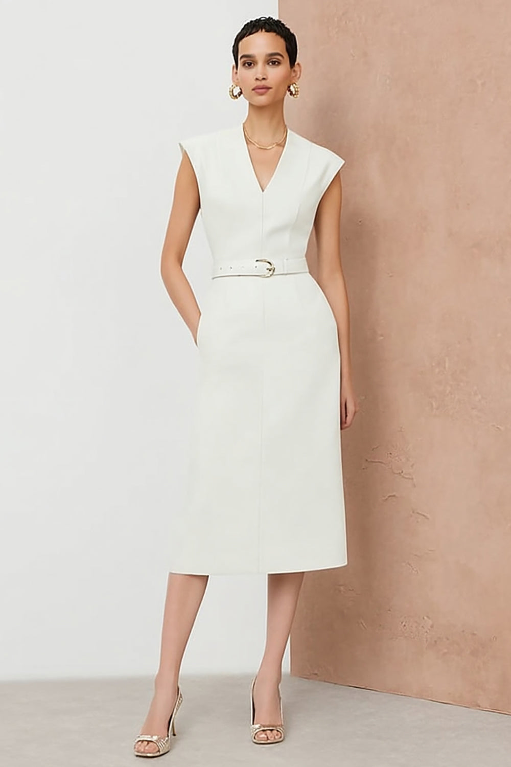 white midi work dress The Evette White Smocked Midi Dress - All Dresses