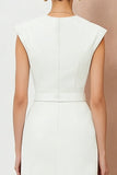 Sheath Ivory V-Neck Midi Work Dress with Belt