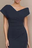 Navy Sheath V-Neck Midi Work Dress with Slit