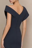 Navy Sheath V-Neck Midi Work Dress with Slit