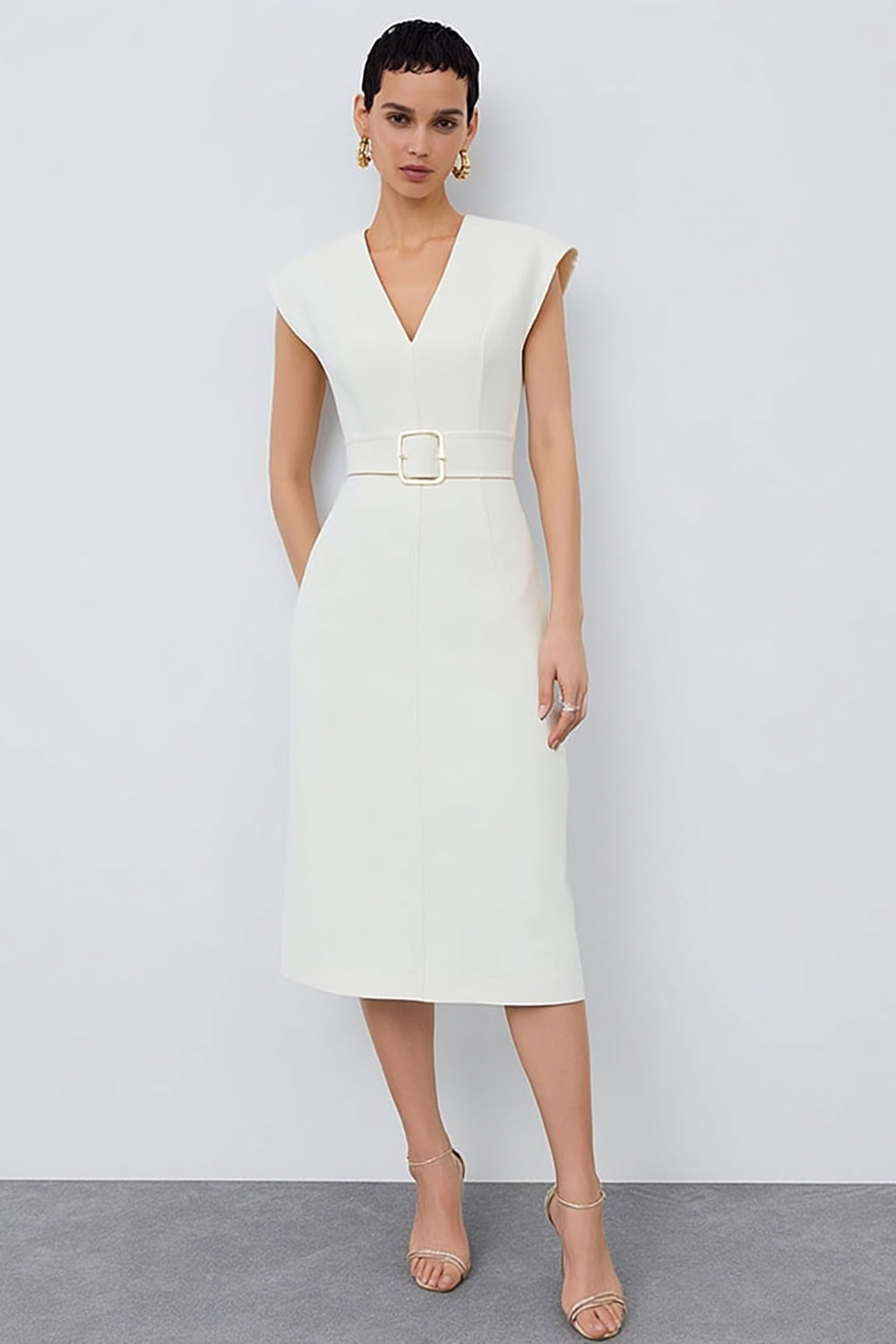 womens ivory midi dress Berylove Women Ivory A-Line Engagement Dress V-Neck Midi Reception Dress With Lace