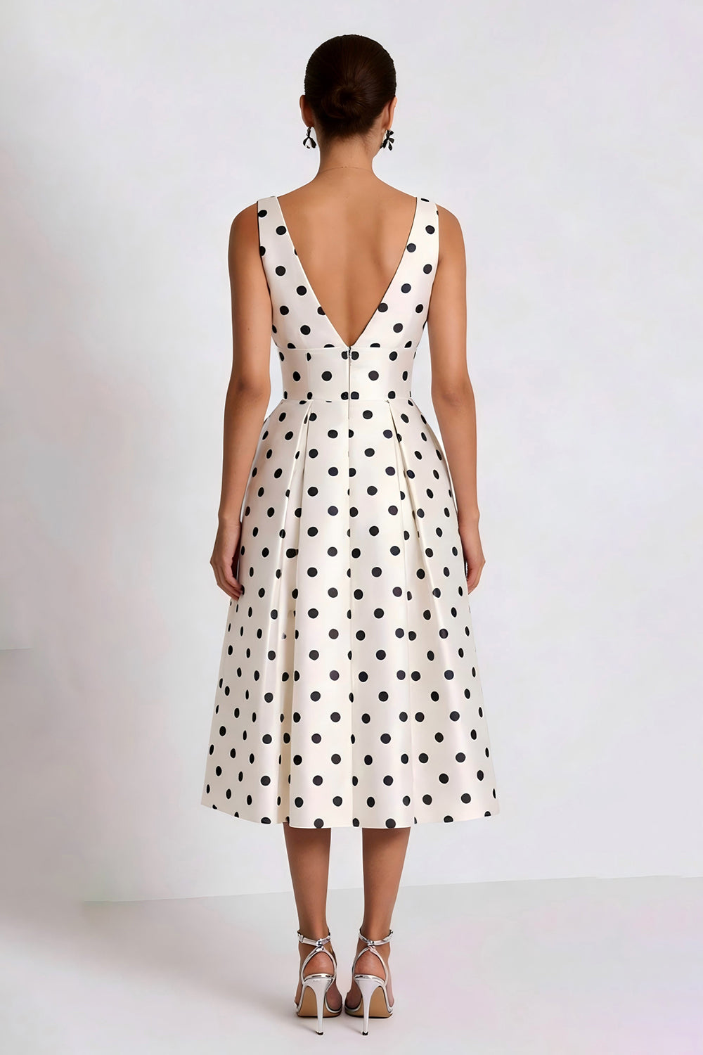 ZAPAKA Women White Black Dots Midi Work Dress with Pockets A-Line V-Neck Print Satin Business Dress ZAPAKA Women White Black Dots Midi Work Dress with Pockets A-Line V-Neck Print Satin Business Dress