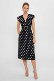 White Black Dots V-Neck Sheath Midi Work Dress with Belt