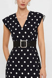 White Black Dots V-Neck Sheath Midi Work Dress with Belt