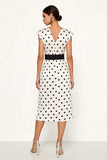 White Black Dots V-Neck Sheath Midi Work Dress with Belt
