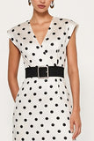 White Black Dots V-Neck Sheath Midi Work Dress with Belt