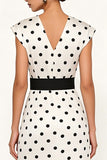 White Black Dots V-Neck Sheath Midi Work Dress with Belt