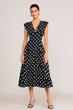 Simple Black White Dot A-Line V-Neck Midi Work Dress