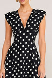Simple Black White Dot A-Line V-Neck Midi Work Dress
