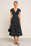 Black White Dot V-Neck A Line Midi Work Dress with Sleeves