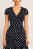 Black White Dot V-Neck A Line Midi Work Dress with Sleeves
