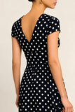 Black White Dot V-Neck A Line Midi Work Dress with Sleeves